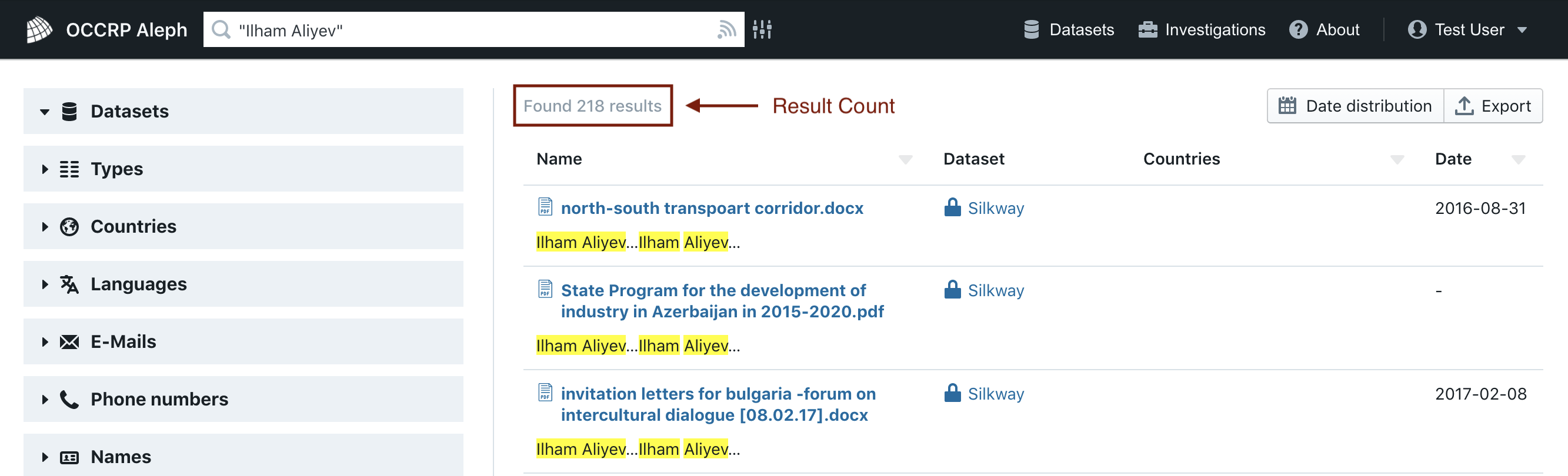 A screenshot of the search results page in Aleph. The search box in Aleph’s main navigation bar has the value “Ilham Aliyev”. The page displays a list of search results. Each search results has a title and a snippet that previews its contents. A red marker labeled “Result count” highlights the text “218 results”